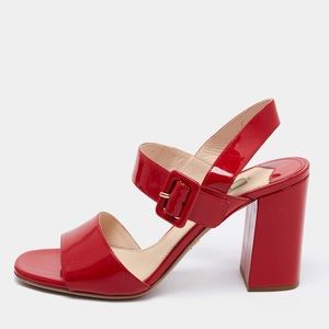 Prada Red Patent Leather Ankle Strap Block Heel Sandals Size 39
